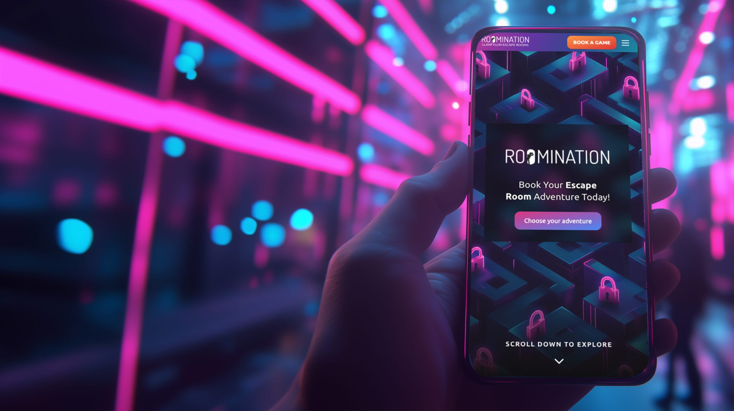 Someone holding a mobile phone with an escape room website and booking system displayed